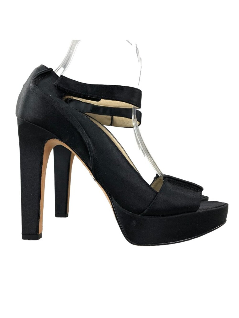 Bebe Women's Size 7M Black Satin Open Toe Platform Ultra High Heel Sandals Shoes